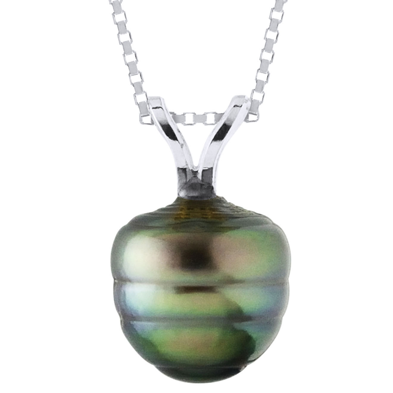 Mitzuko Pendentif Bélière en V Or Blanc & Perle de Culture de Tahiti cerclée gris/vert