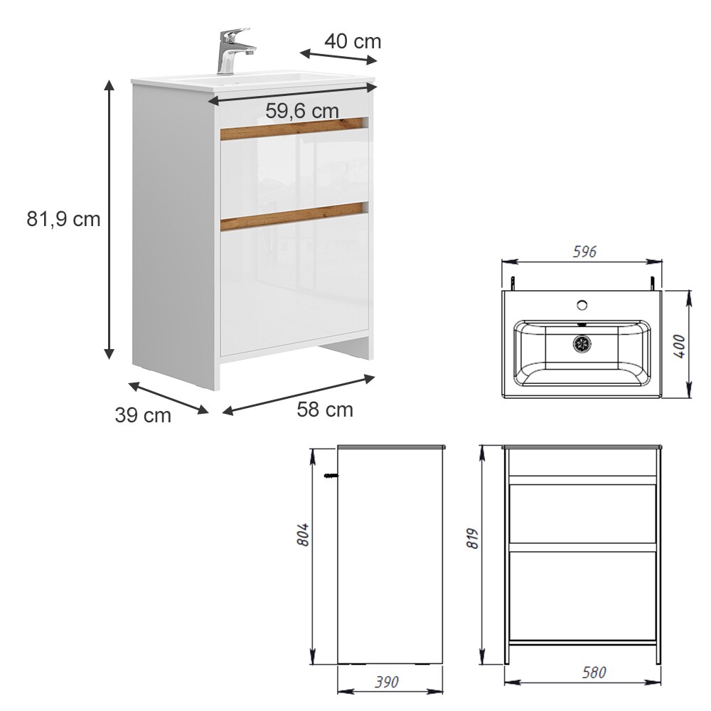 Vicco Waschbecken mit Unterschrank Detmold 60 cm breit, Waschtisch stehend Weiß