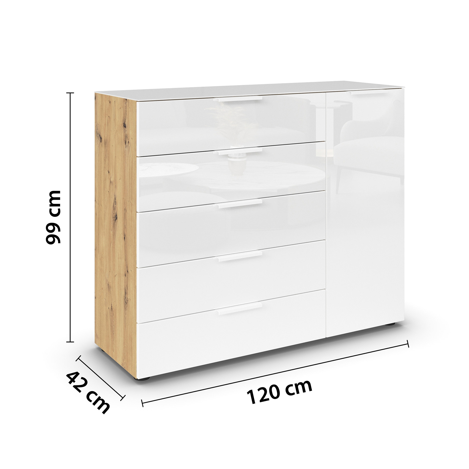 Kommode - Artisan Eiche - Kristallweißglas - weiße Griffe - 120 cm