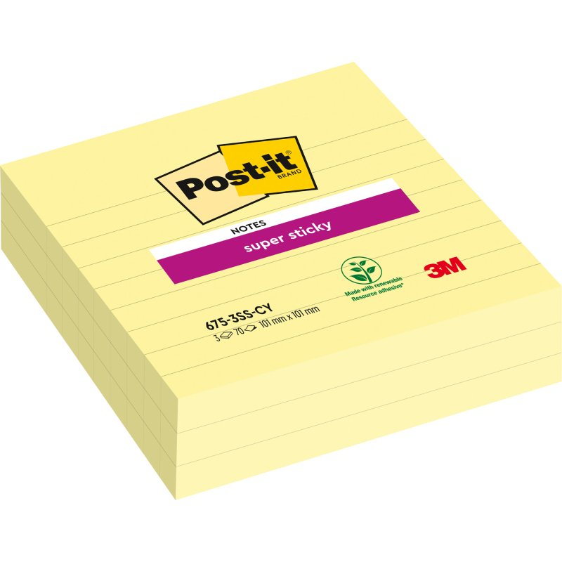 Notes lignées repositionnables couleurs jaune Super Sticky Post-it 101 x 101 mm - bloc de 70 feuilles