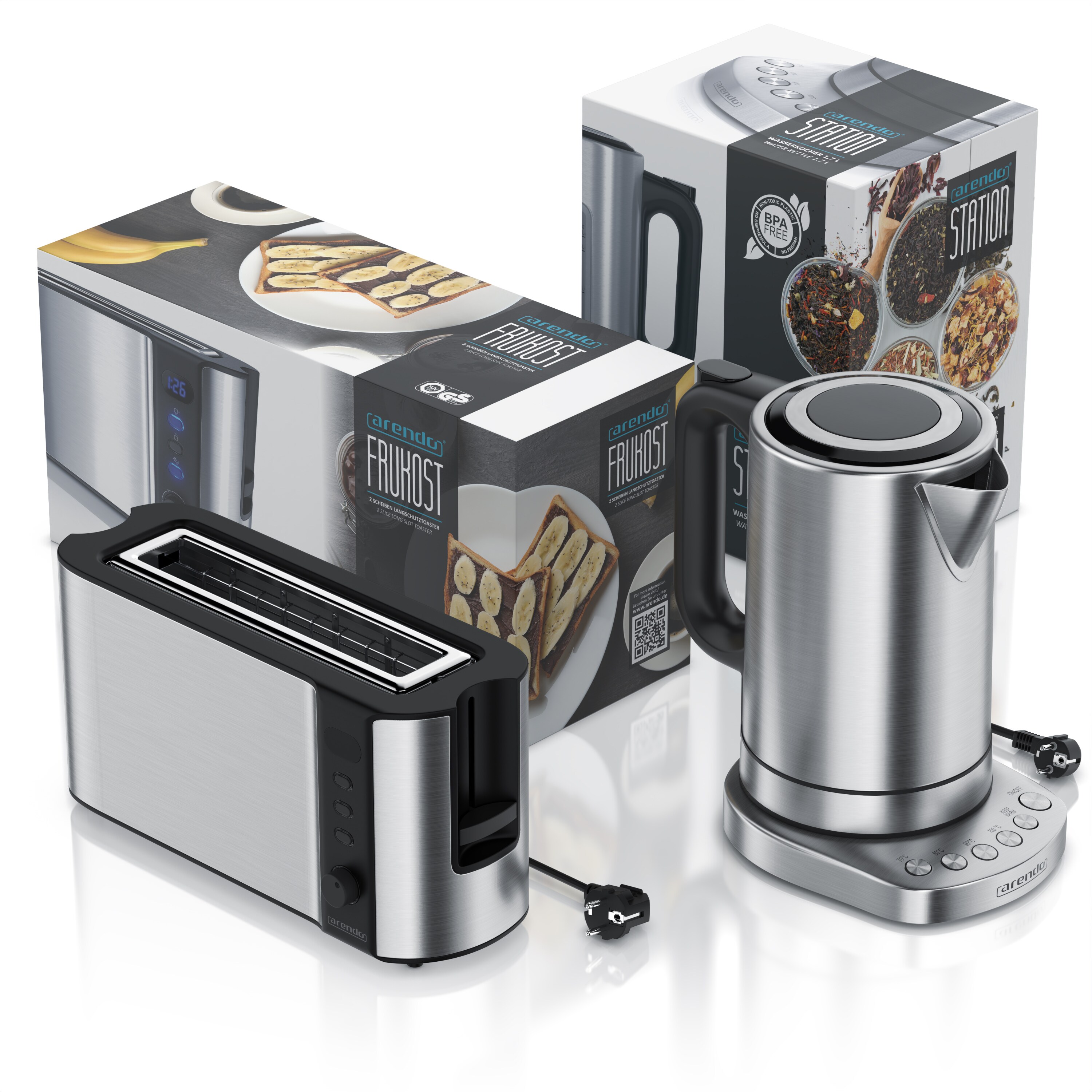 Arendo Frühstücks-Set in Edelstahl Design - Wasserkocher mit Temperaturauswahl & Toaster