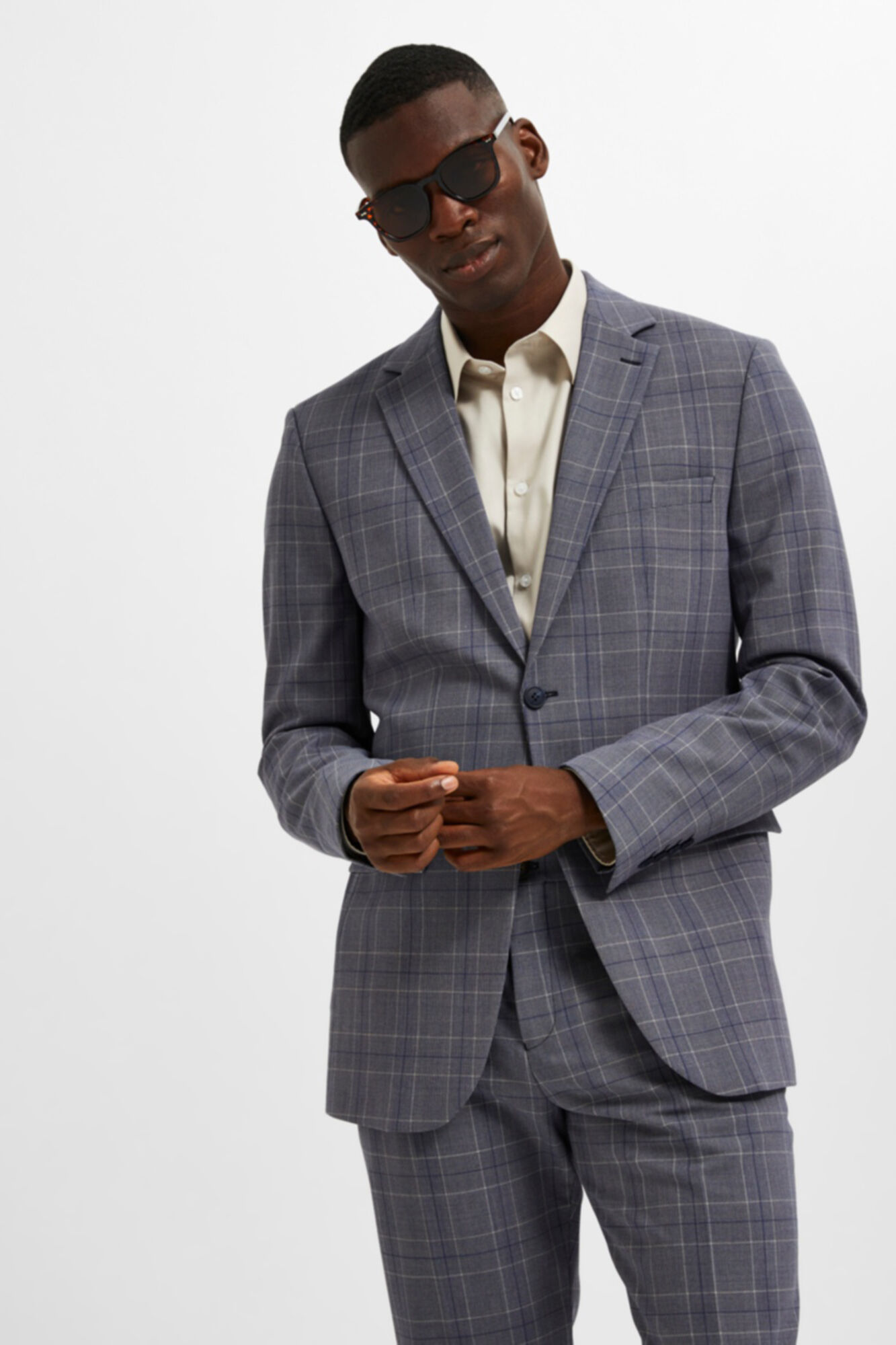 Blazer xadrez slim fit com bolsos - Azul