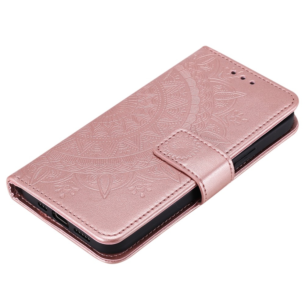 iPhone 12 / iPhone 12 Pro Leder Tasche Wallet - Mandala Flowers Imprint - Roségold
