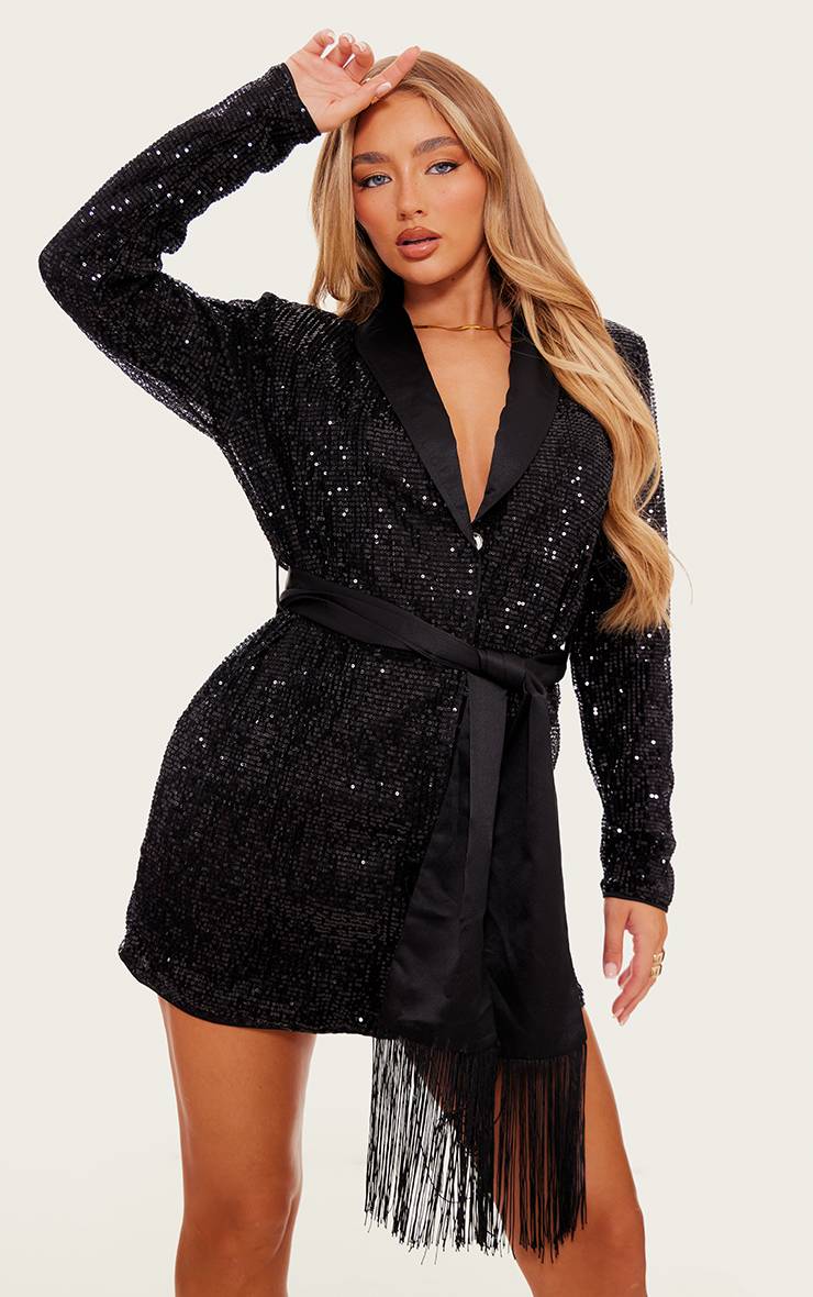 Noir Robe Blazer À Paillettes Avec Détail De Glands Et Lien