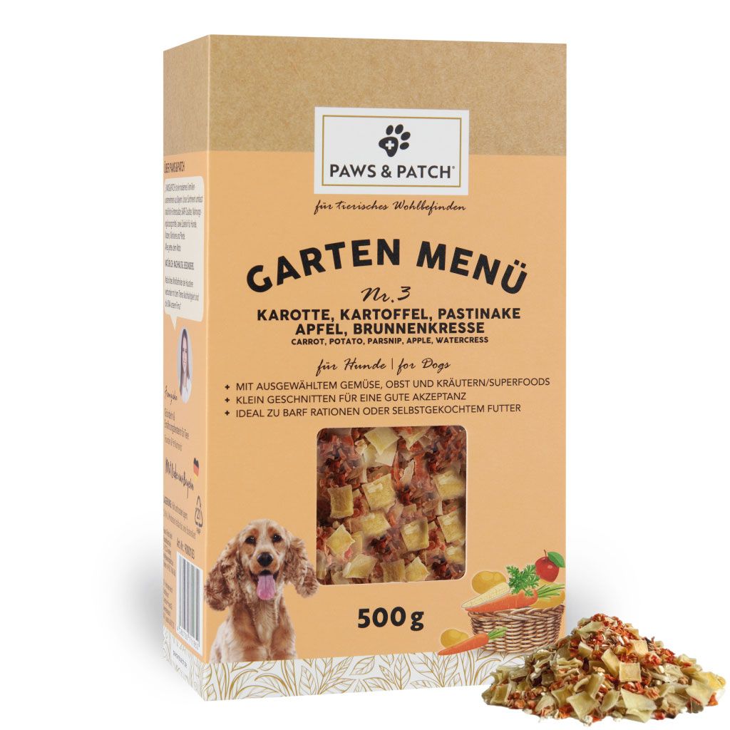 GARTEN MENÜ Nr. 3 für Hunde  - Karotte, Kartoffel, Pastinake, Apfel, Brunnenkresse