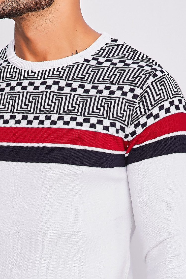 Pull en maille blanc à motifs grecs et bandes