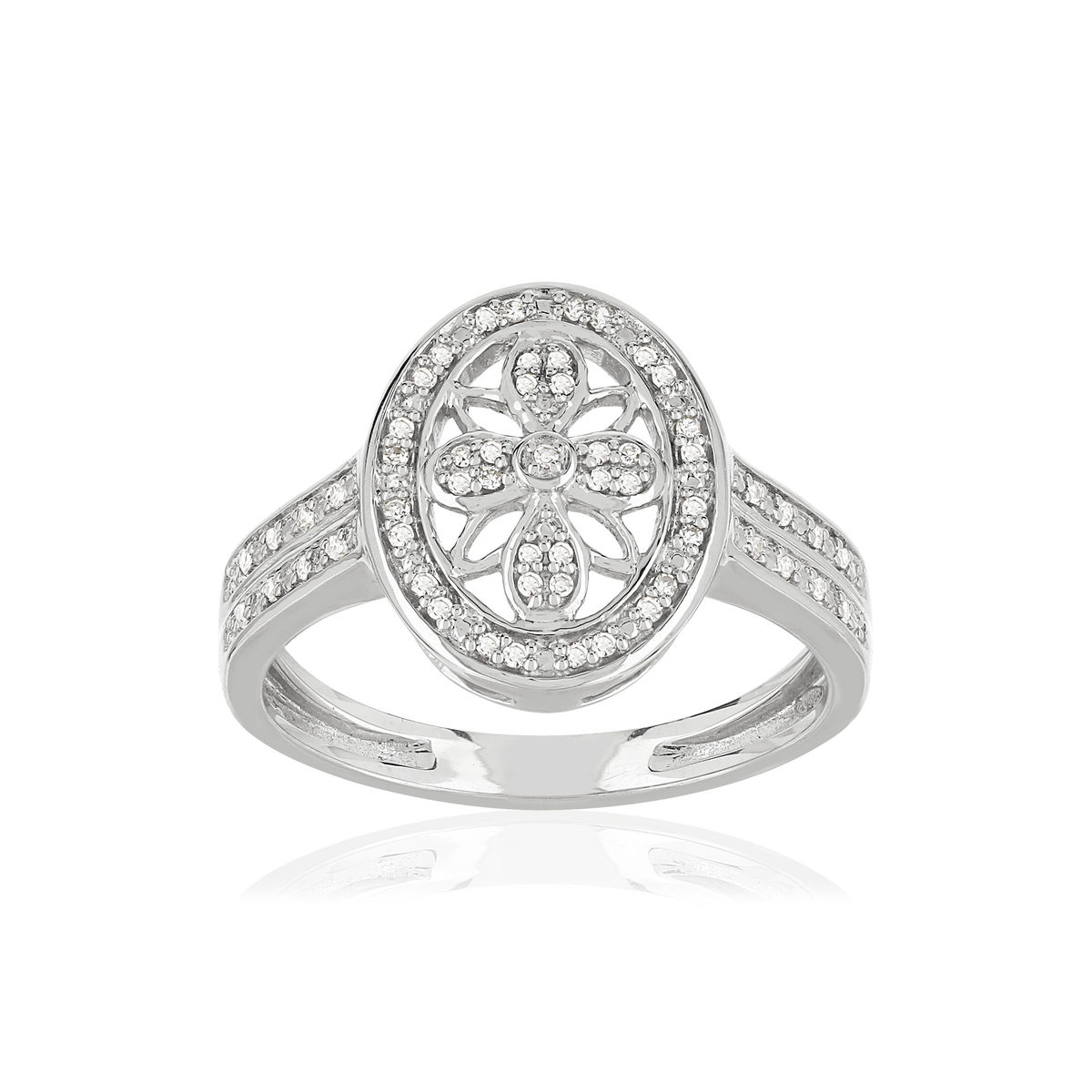 Bague or 375 blanc ovale ajourée diamants