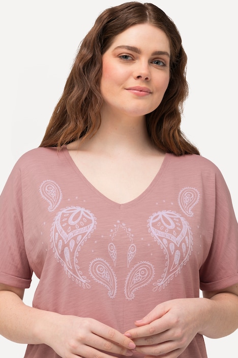 T-Shirt, Flockdruck, V-Ausschnitt, Halbarm, Biobaumwolle