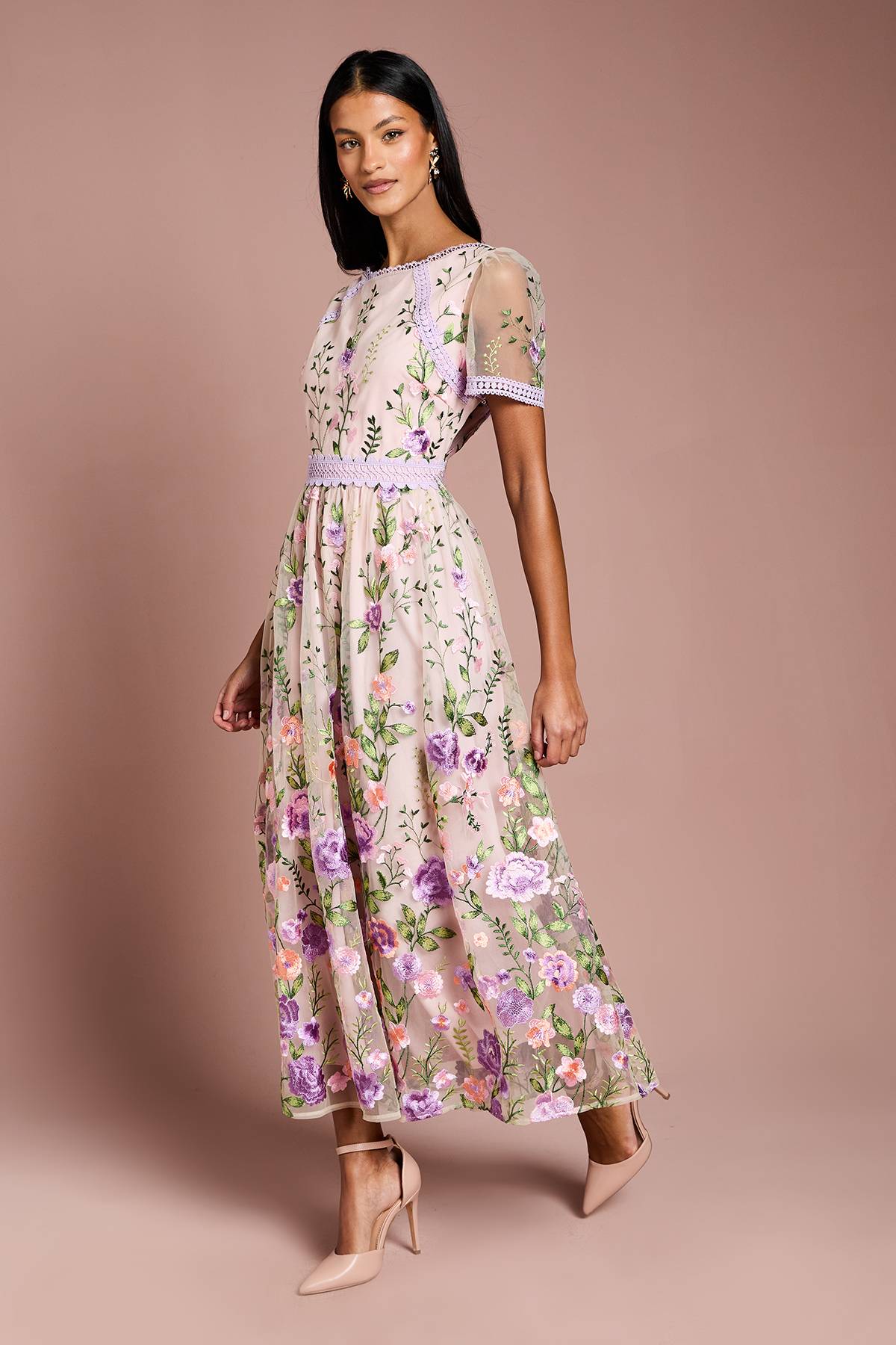 Coast Robe Mi-Longue en Maille Brodée avec Détails de Dentelle Petite Taille