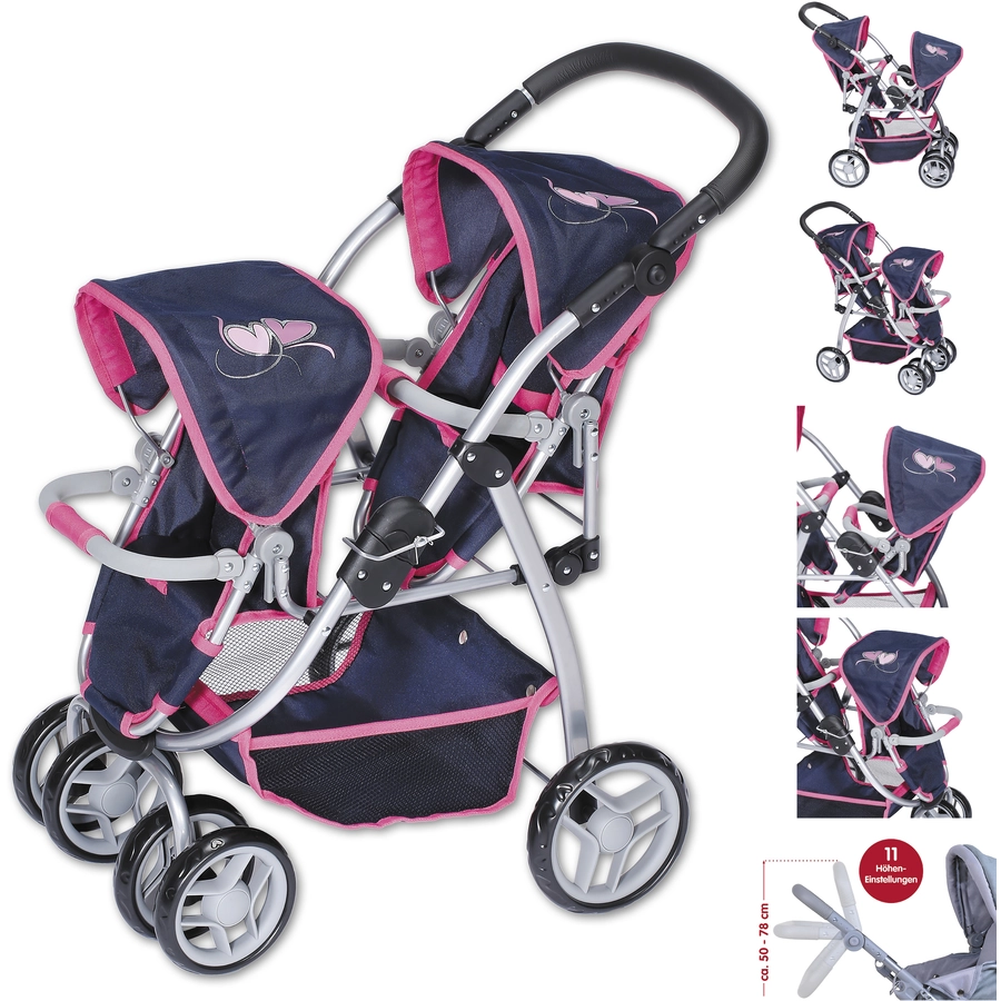 knorr toys® Zwillingspuppenwagen Milo - flying hearts blue pink blau