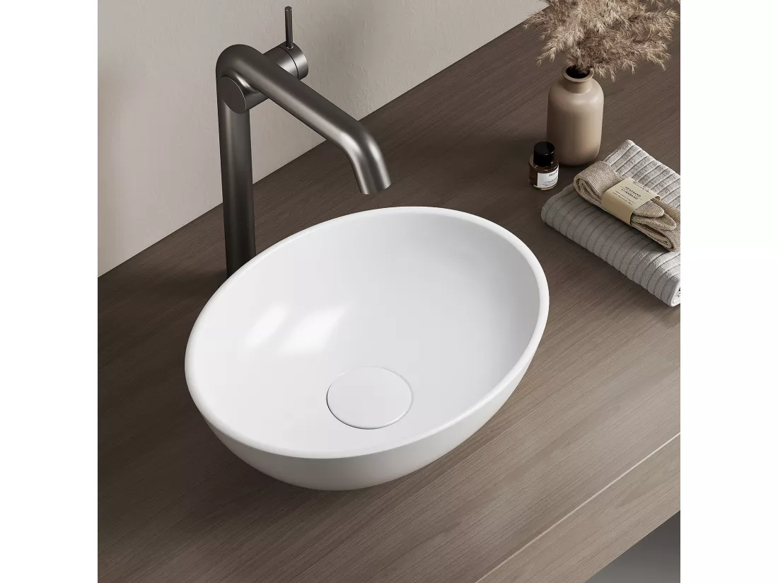 EMKE Vasque à Poser en céramique 35×27×11cm, Lavabo salle de bain Ovale, Lavabo à poser blanc brillant