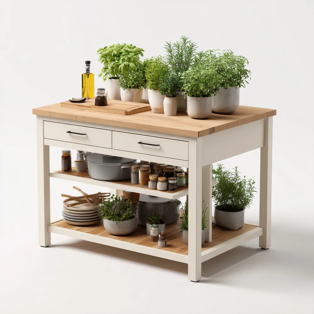Kücheninsel Massivholz 120x60x90 cm – Weiß/Natur – Landhausstil