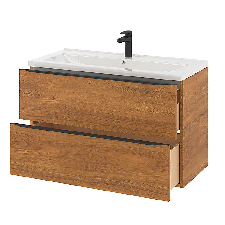 Meuble sous vasque à suspendre GoodHome Imandra décor noyer L. 100 x H. 60 x P. 45 cm