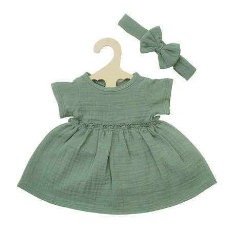 Heless Puppenkleid aus 100 % Bio-Baumwolle mit Rüschen und Haarband, salbeigrün, 2-teilig, Gr. 35-45 cm