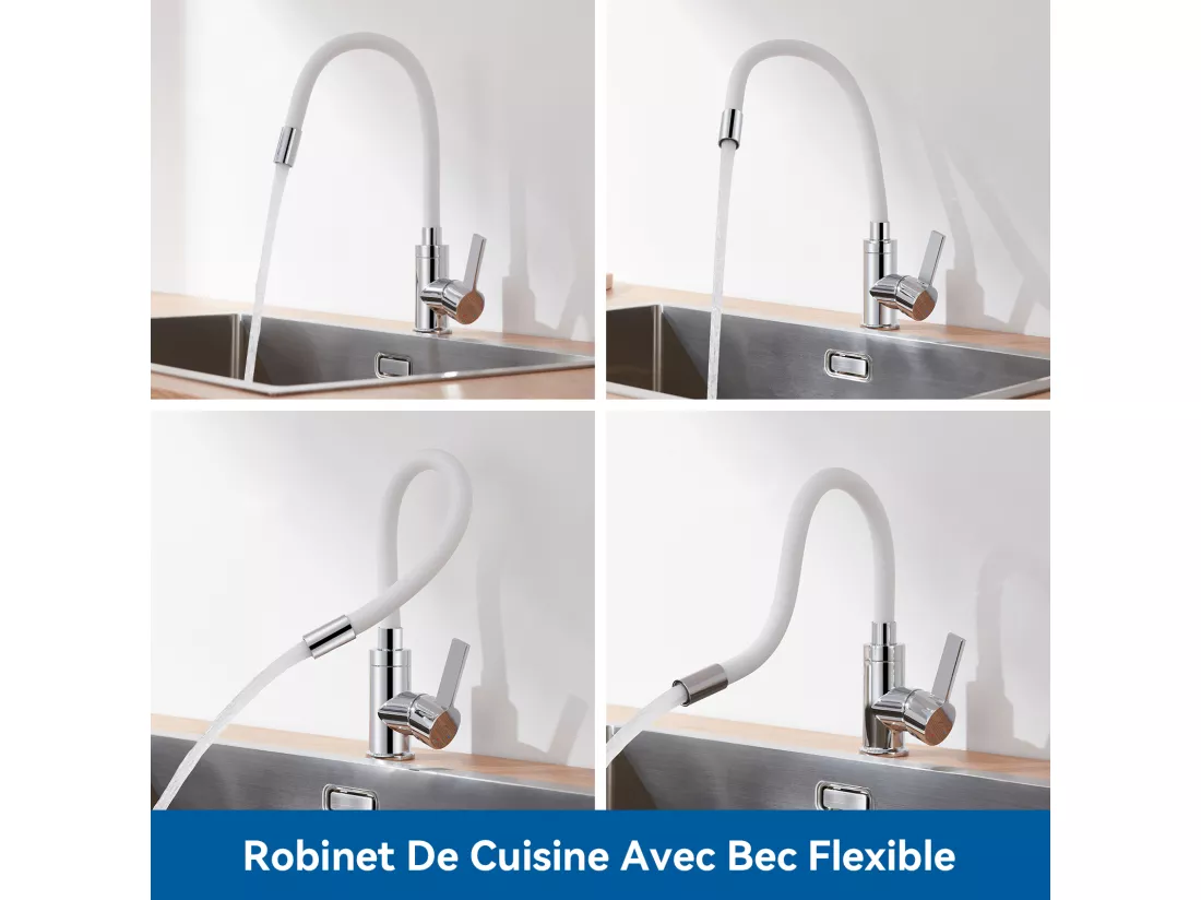 Mitigeur Cuisine Flexible AURALUM MAX Blanc, Robinet de Cuisine ,Pivotant 360°,Mitigeur d'évier avec Tuyau en Silicone Flexible,Eau Chaude et Froide