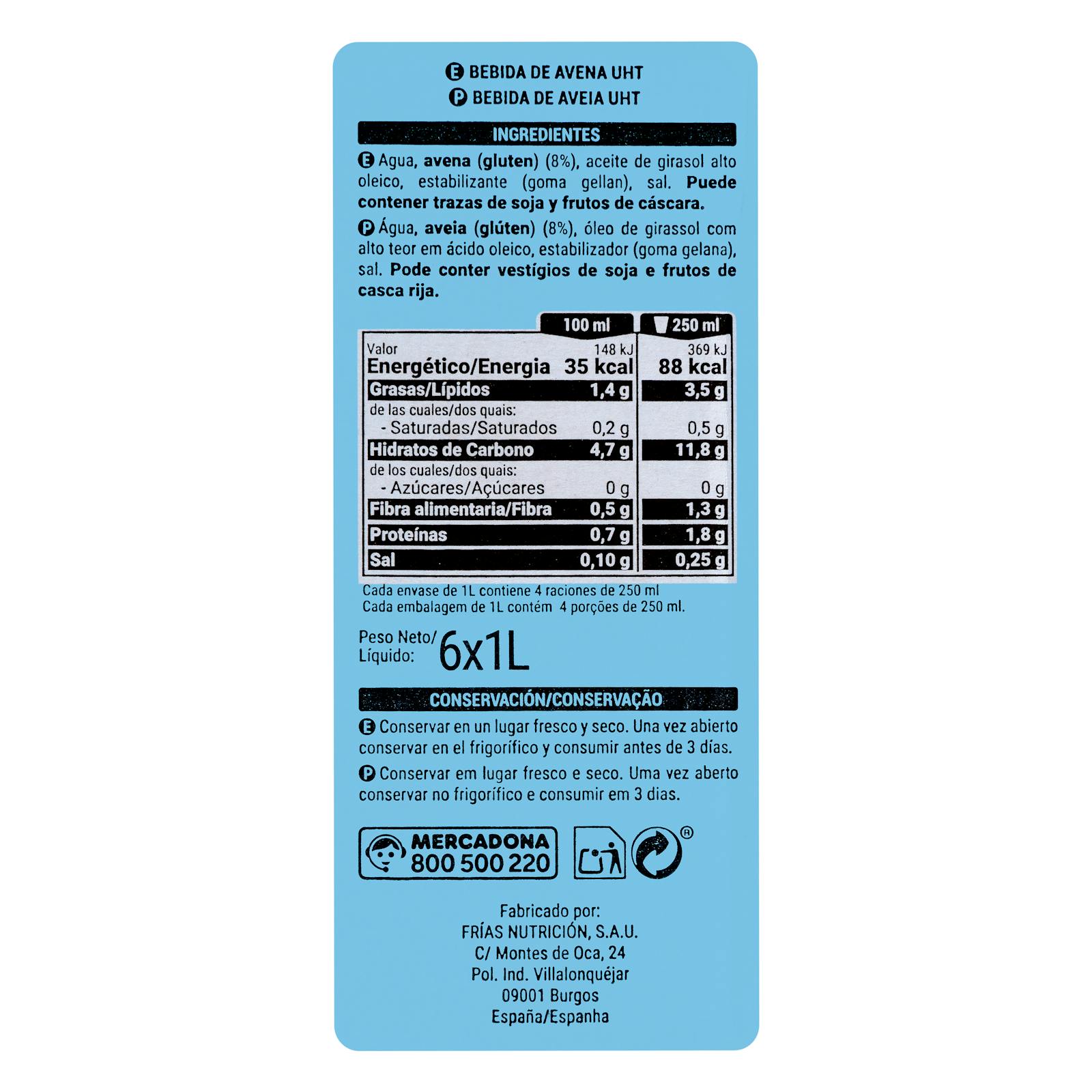 Boisson à l'avoine Hacendado 0% de sucre