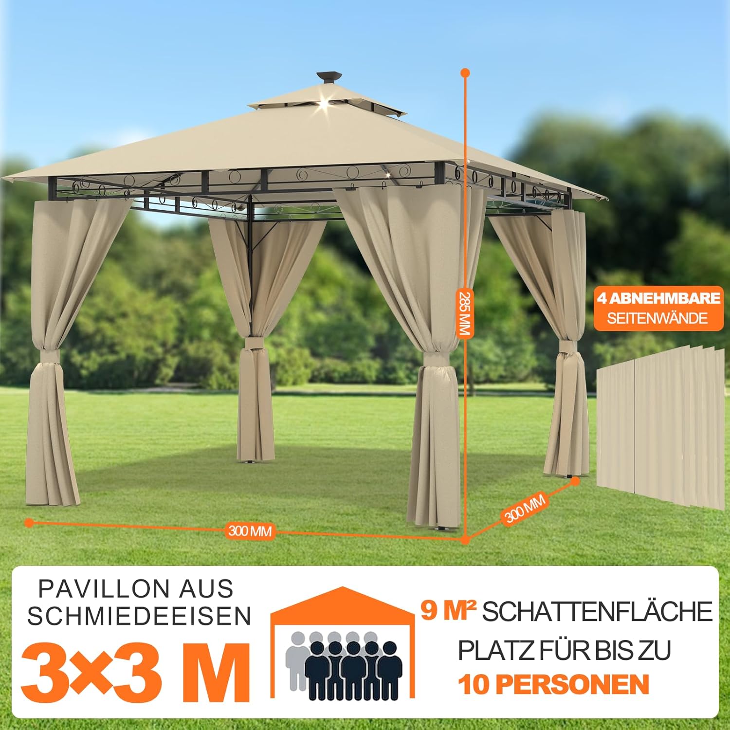 Devoko Garden Pavillon 3x3 Wasserdicht Stabil Winterfest Deluxe Gazebo, UV-Schutz 50+ Doppellagiges Grilpavillons mit seitenwänden für 4-8 Personen, Partyzelt für Freizeit, Partys, Beige mit LED