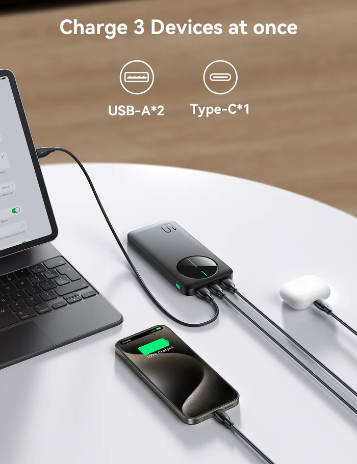 (22.5W) 10000mAh Dual USB A / USB C Powerbank Power Delivery Ladegerät (JR-PBF12) - Schwarz