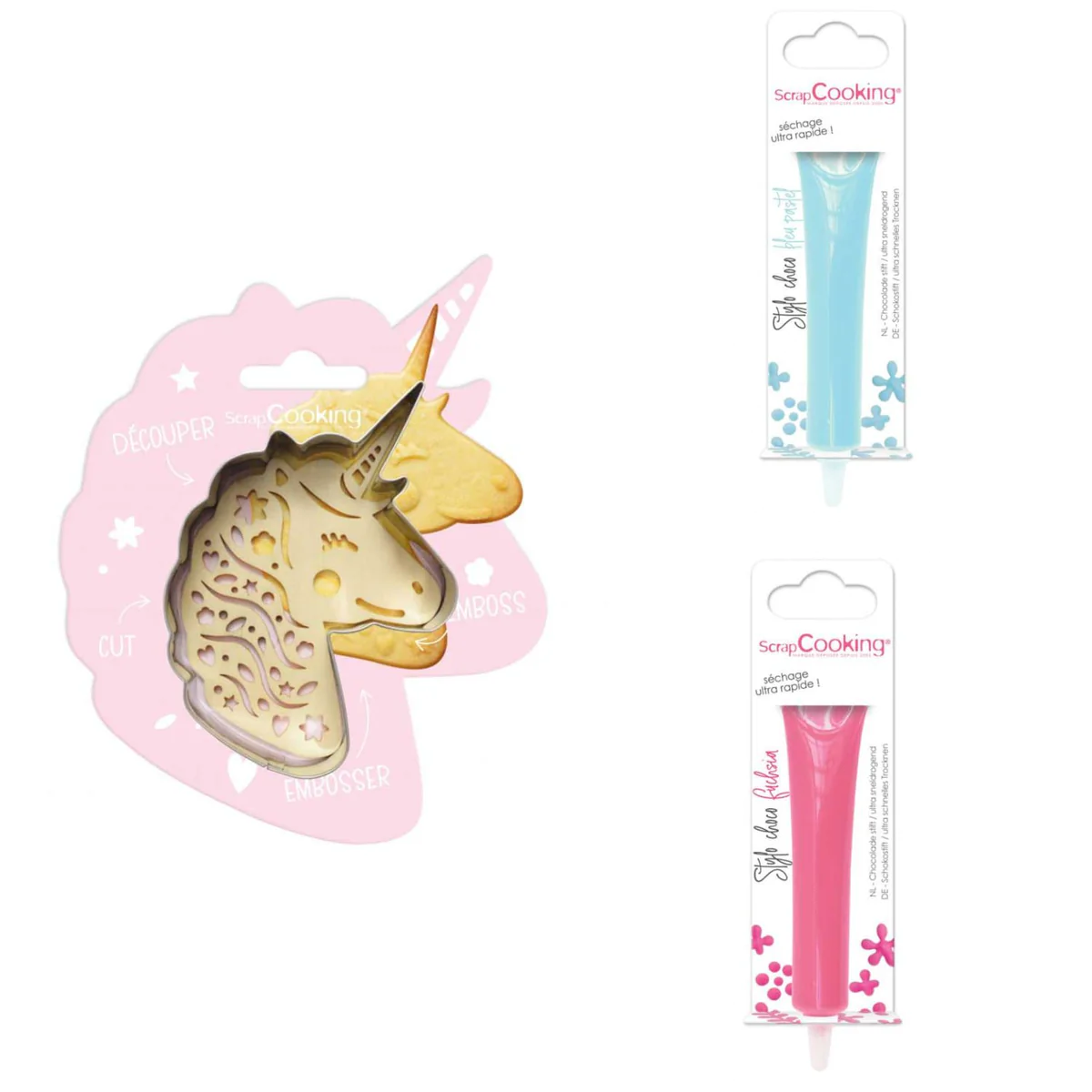 Kit pour biscuit en relief Licorne + 2 Stylos au chocolat bleu pastel
