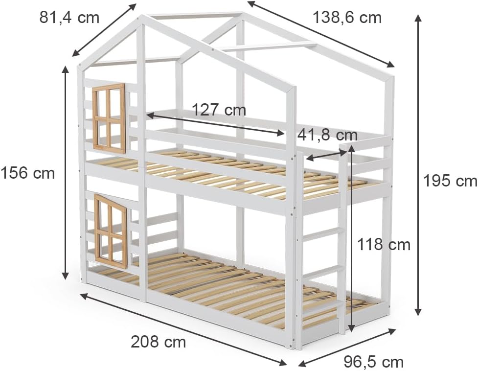 Etagenbett 90x200 cm Maja - Weiß 208x195x97 cm aus Holz - Kinderbett sicher & ideal für 2 Kinder, inklusive Lattenroste