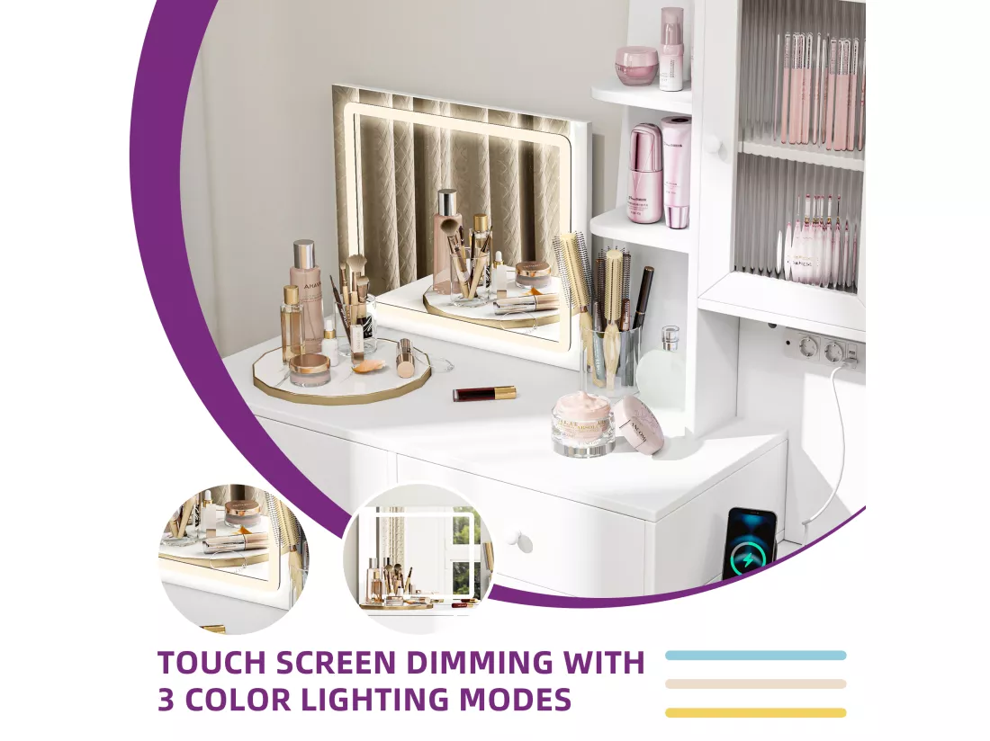 YITAHOME Coiffeuse avec Éclairage LED - Grand Espace de Rangement -3 Couleurs avec Luminosité Réglable - Coiffeuse avec Tiroirs - Blanc