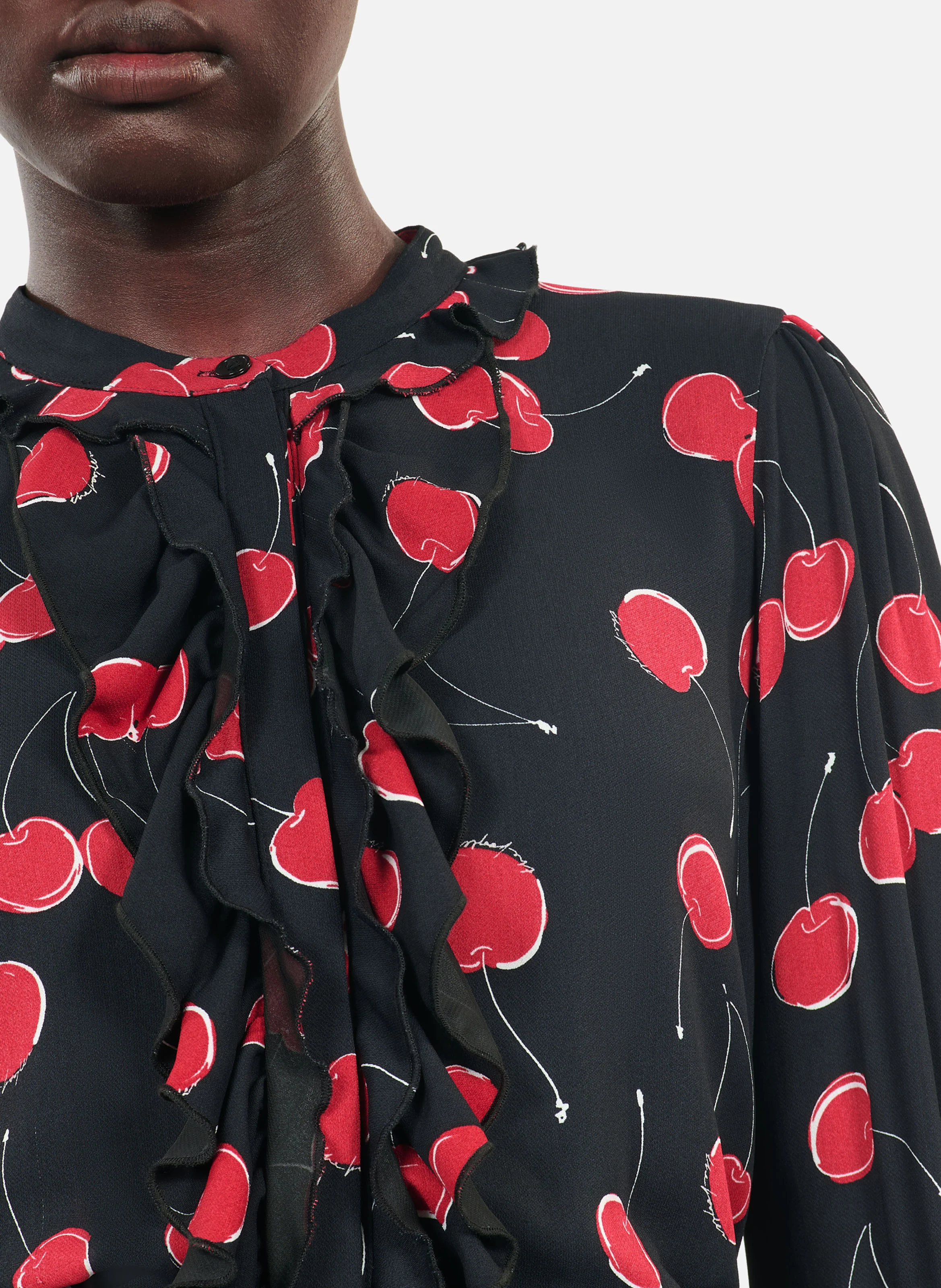 Robe courte col rond imprimé cerise | Noir