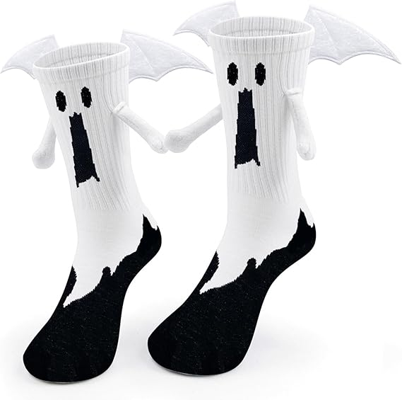 (2 Paar) Unisex Socken Halloween Fashion Strümpfe Couple Socks Füsslinge mit Magnetischen Händen (One Size) - Fledermaus / Geist