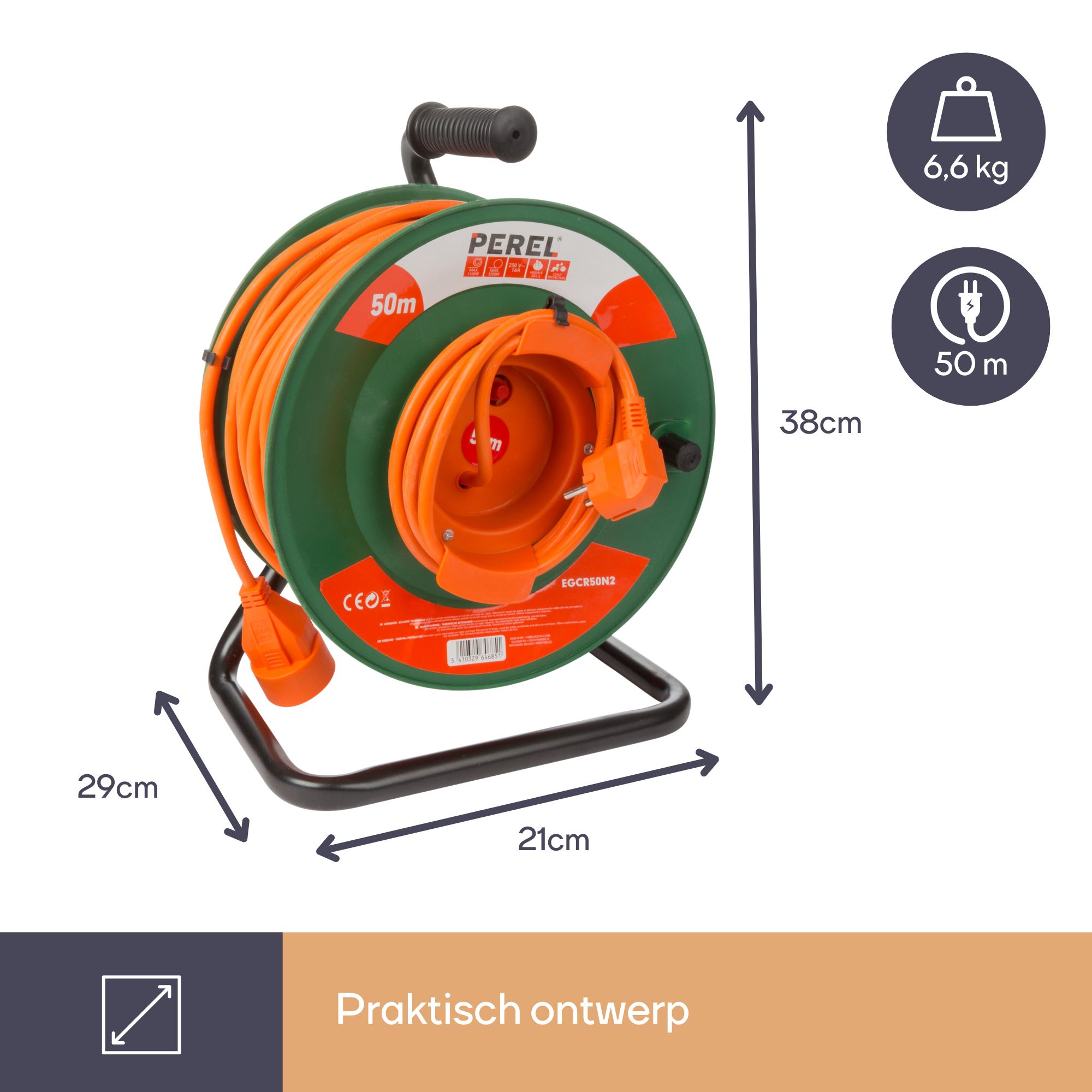 Perel EGCR50N2 1-voudige kabelhaspel - 50 meter