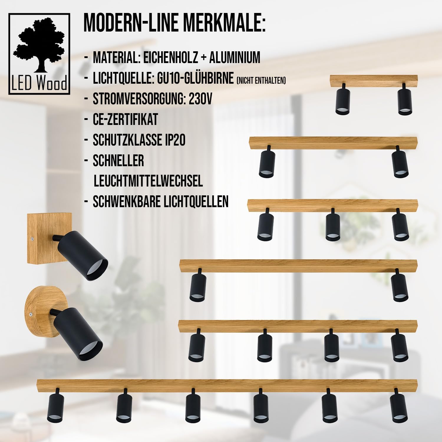LED Wood Deckenstrahler 4 Flammig Schwenkbar - Handgefertigte Spots Deckenleuchte Modern aus Eiche - Strahler Deckenlampe Holz - GU10 Spotlight Lampe Wohnzimmer (Ohne Glühbirne) - Länge 90cm
