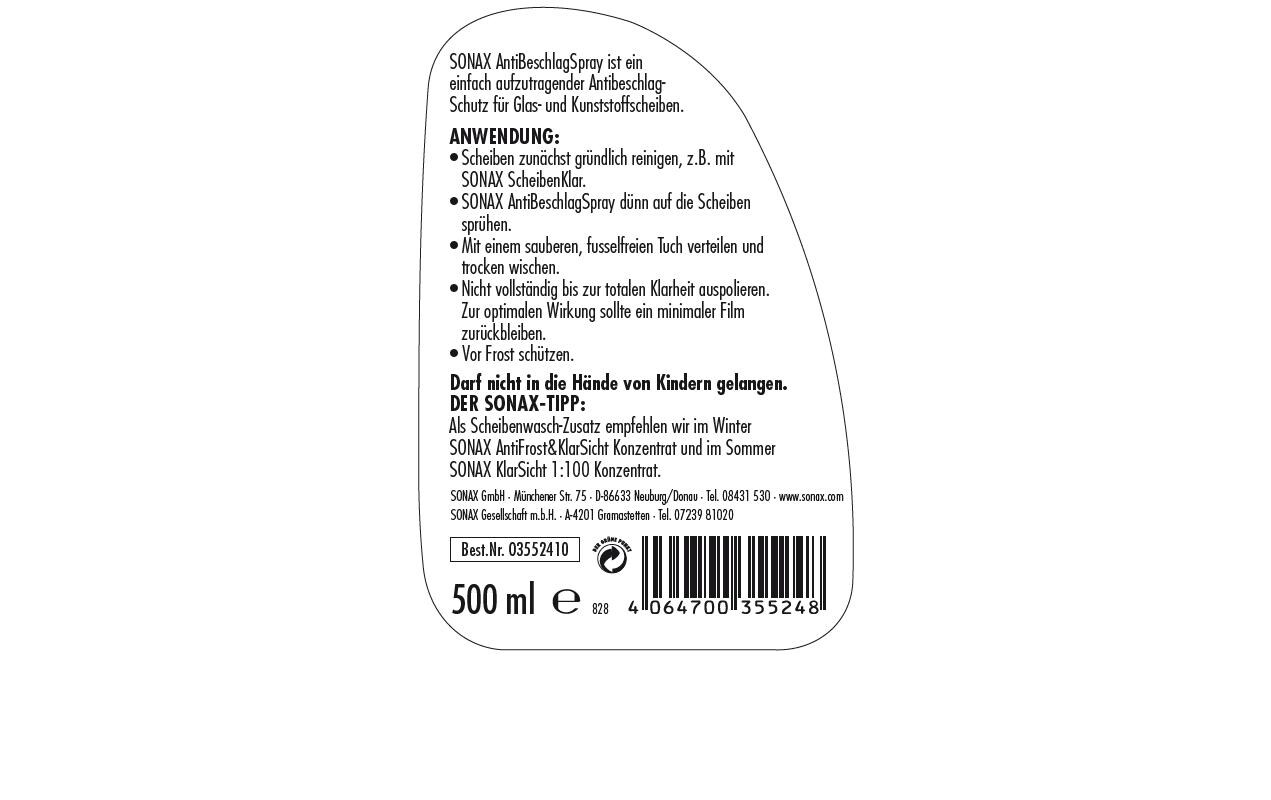 Antibeschlag Spray 0.5 lVerhindert zuverlässig das Beschlagen von Autoscheiben und Motorradhelm-Visieren
