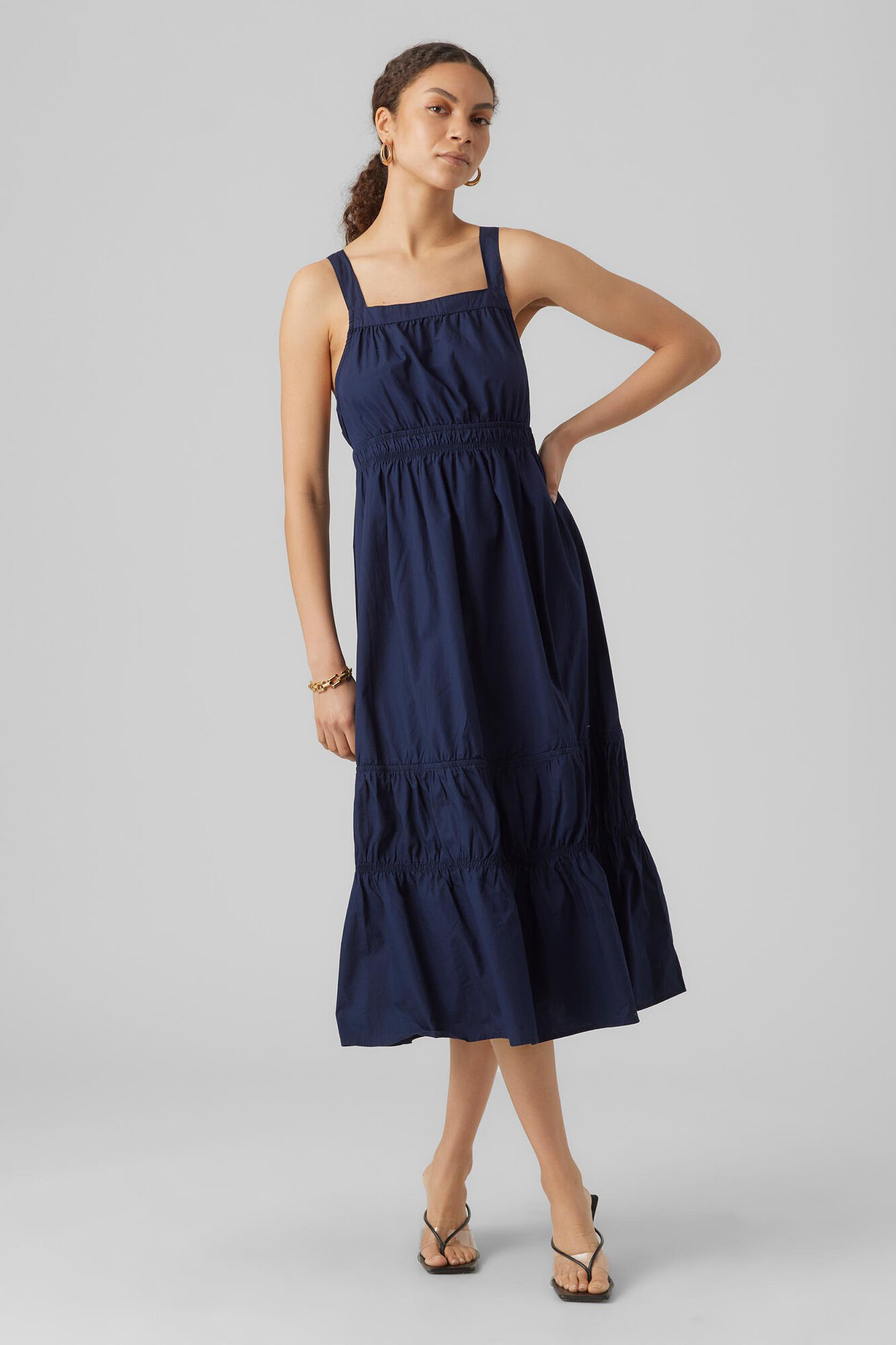 Vestido longo de algodão - Azul marinho
