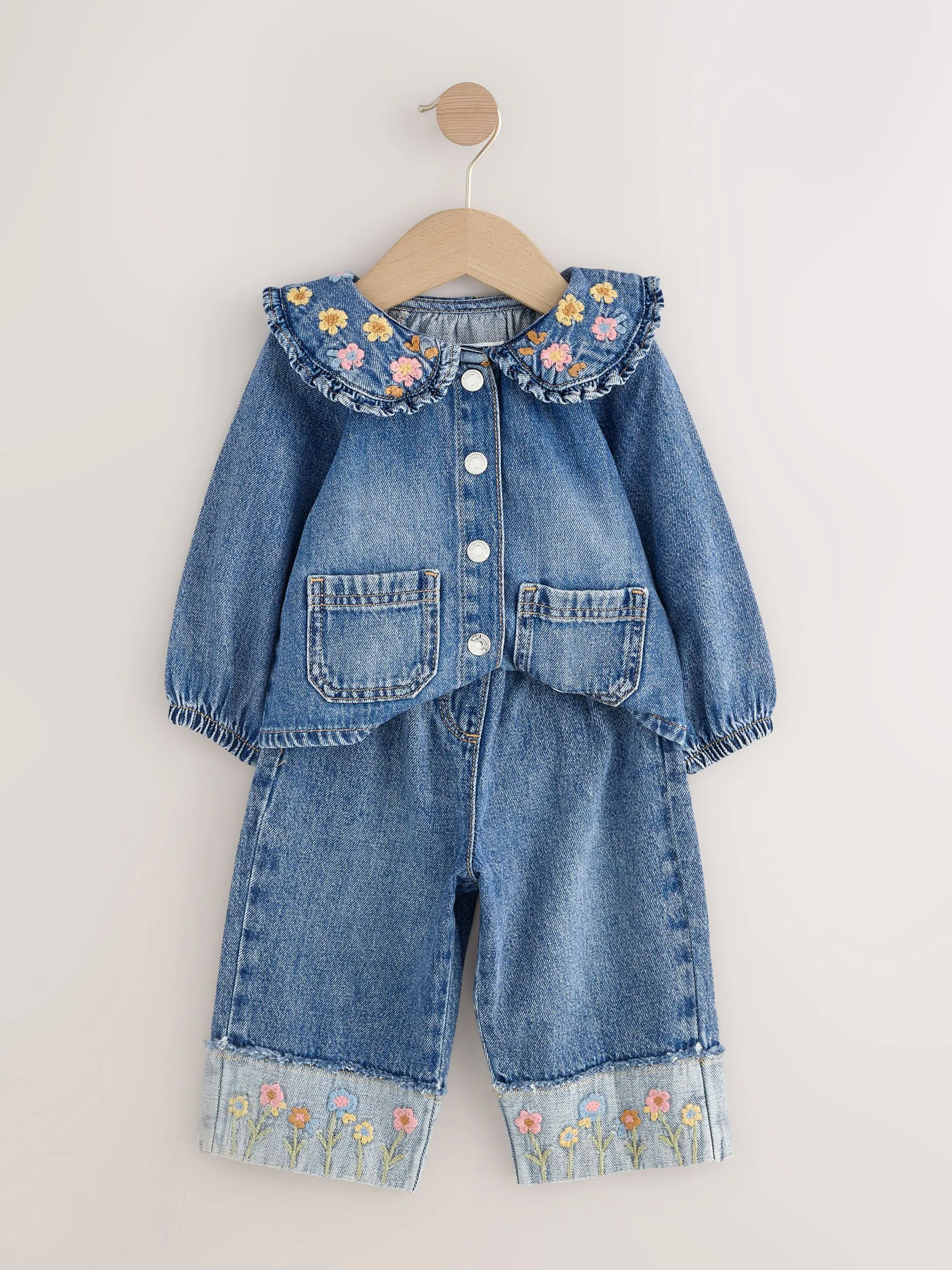 Denim - Set van wijde pijpen jeans en jack met bloemenborduursel (3mnd-7jr)
