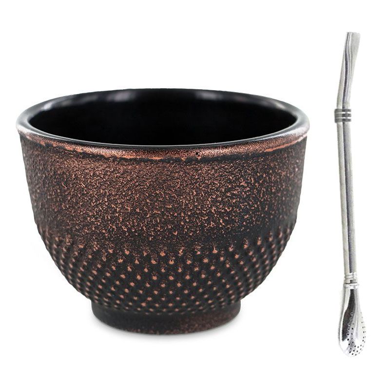 Tasse en fonte noire et bronze 0,15 L + paille inox avec filtre Aroman