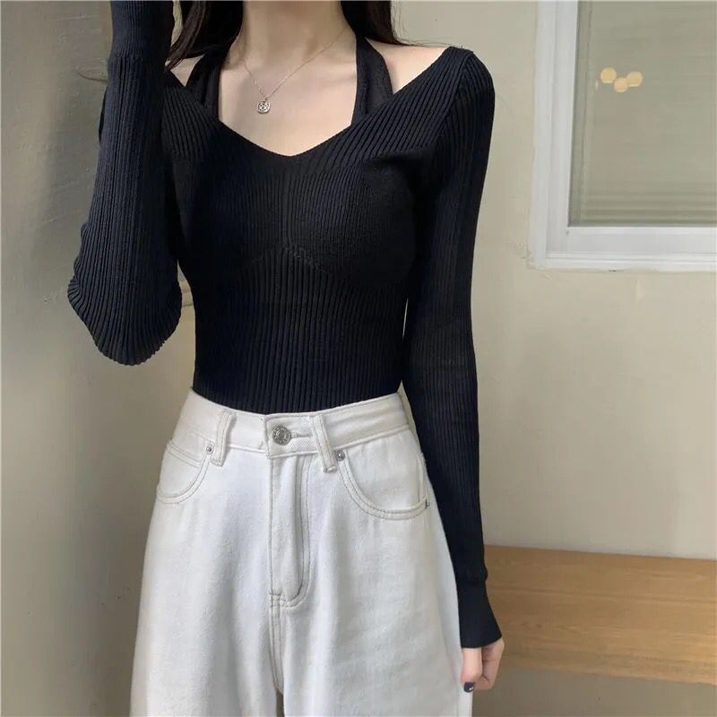 Hevnir - Tweedelige geribbelde, slim fit gebreide top met lange mouwen en halternek