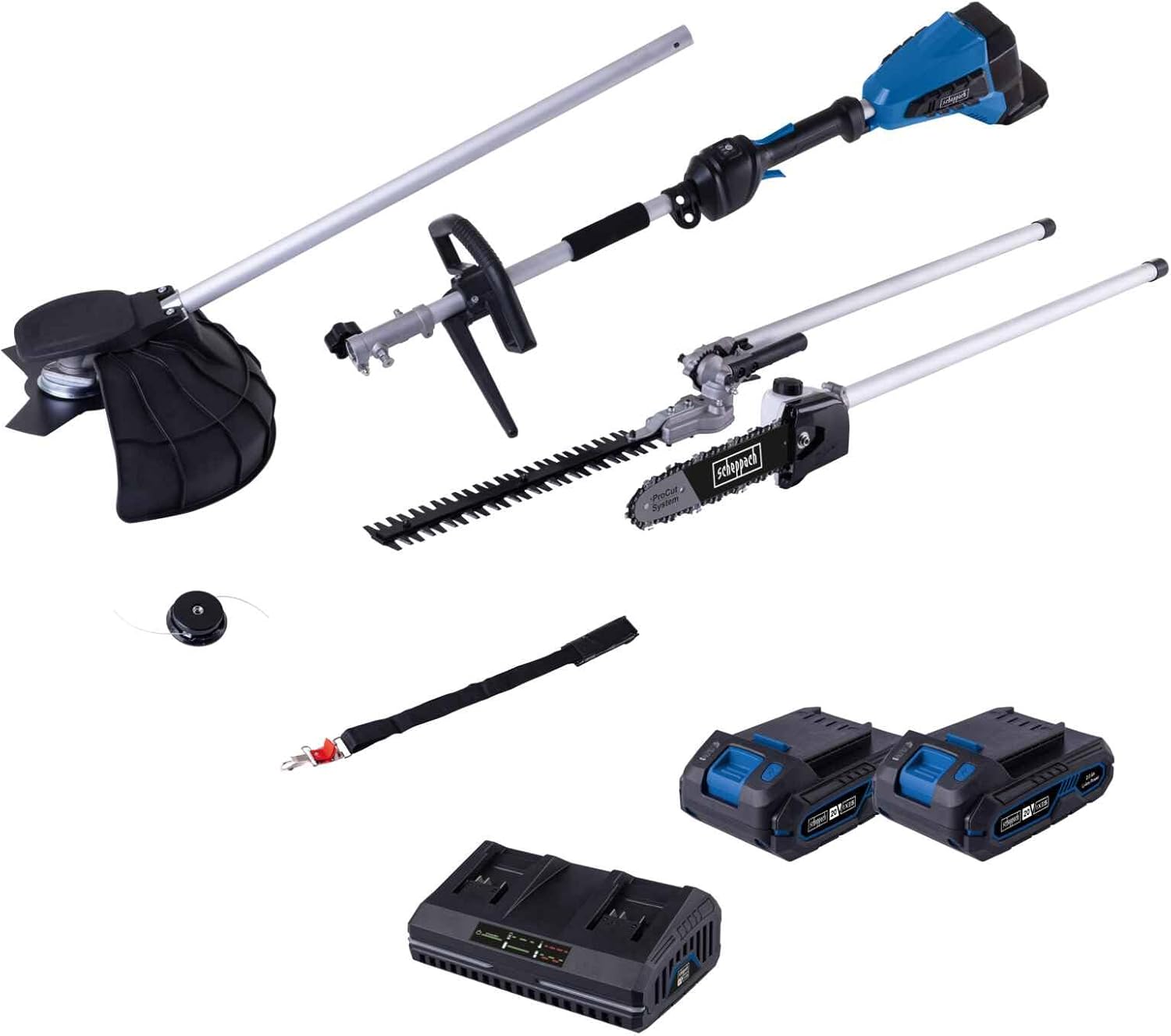 Scheppach 4in1 Akku Multifunktionsgerät BC-MFH400-X Brushless Multigartengerät | Rasentrimmer, Motorsense, Heckenschere, Hochentaster | 20V-IXES-Serie | 10 Jahre Garantie | mit 2x 2Ah Akku & Ladegerät