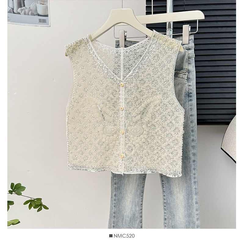 Lemongrass - Mesh vest met pailletten en knoopjes