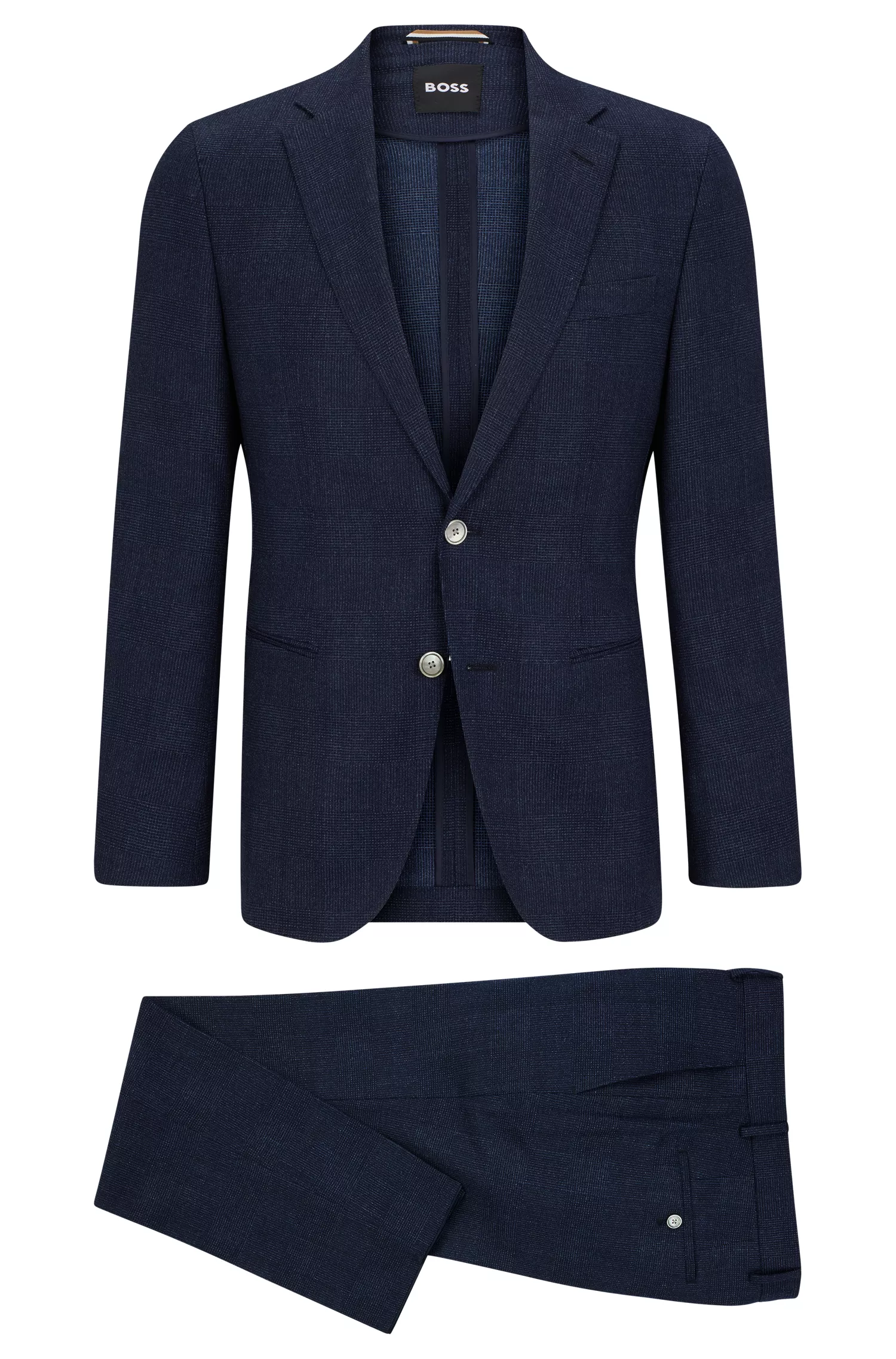 Terno BOSS preto slim fit em lã elástica xadrez.