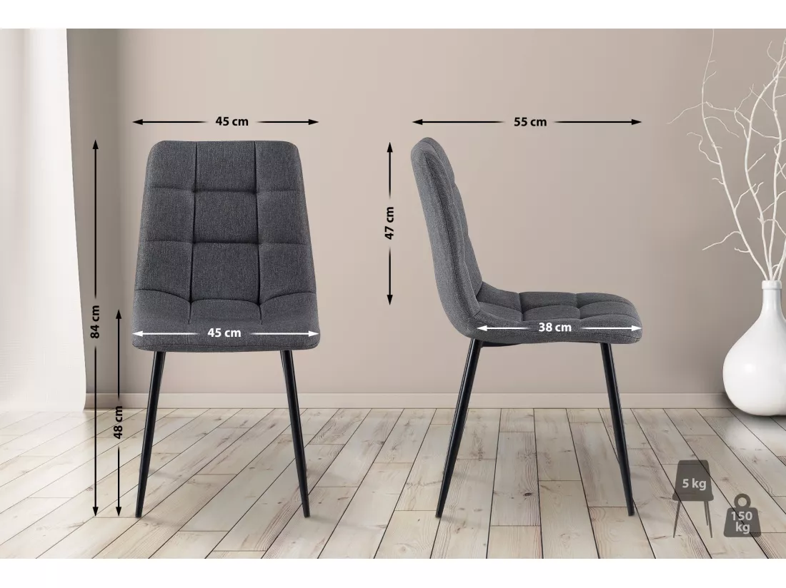 Lot de 4 chaise salle à manger - Tissu & Métal noir mat - Gris foncé - Antibes