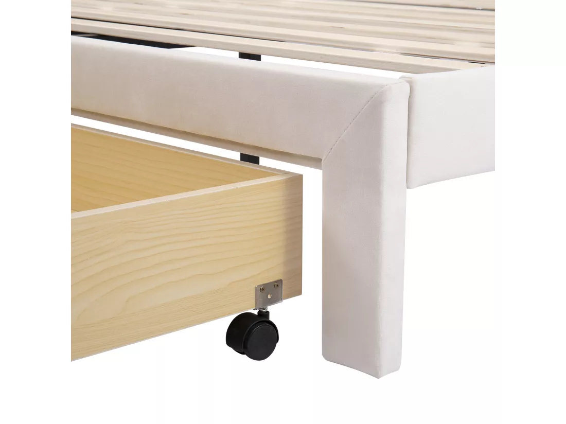 Lit rembourré 140 x 200 cm - sommier à lattes - grand tiroir - velours - Beige
