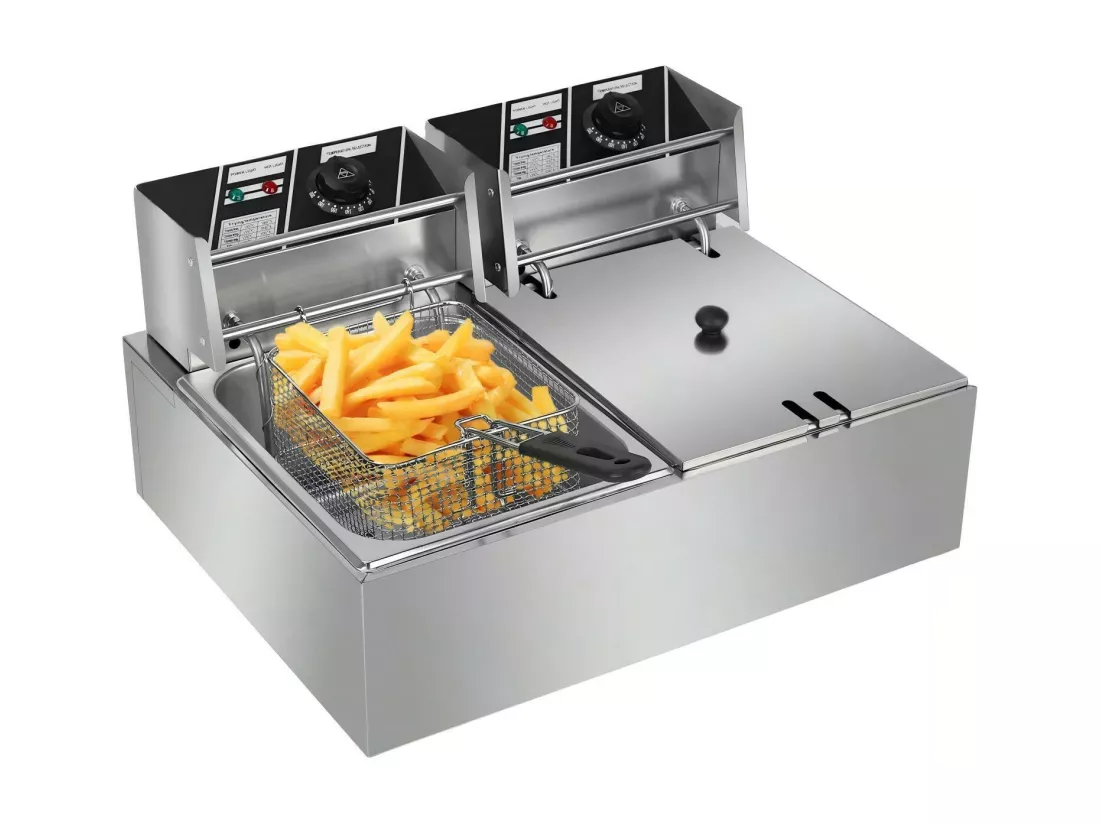 Friteuse Electrique 5000W, Double Réservoir 12L, 60 ºC à 200 ºC, Friteuse Commerciale en Acier Inoxydable, 55x43x28.5 CM