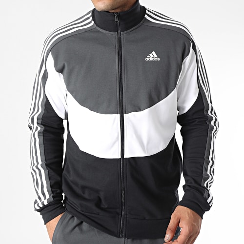 Ensemble De Survetement A Bandes IJ6075 Gris Anthracite Blanc Noir