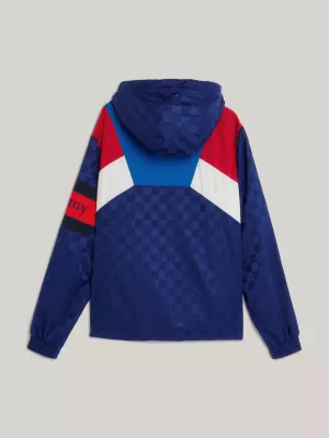 Jaqueta esportiva com capuz e estampa xadrez em blocos de cores