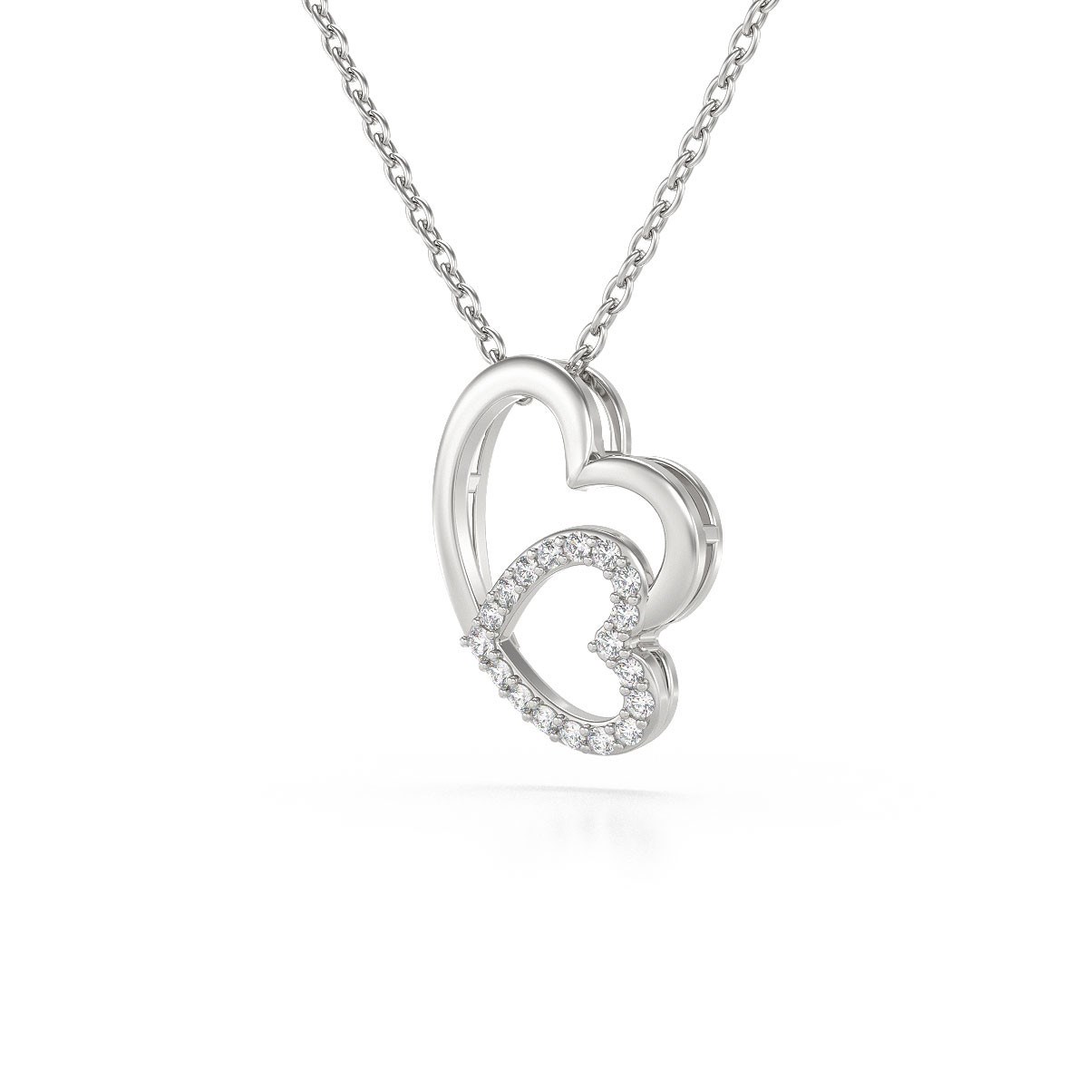Collier Pendentif ADEN Double Coeur Or 585 Blanc Diamant Chaine Or incluse 1.09grs