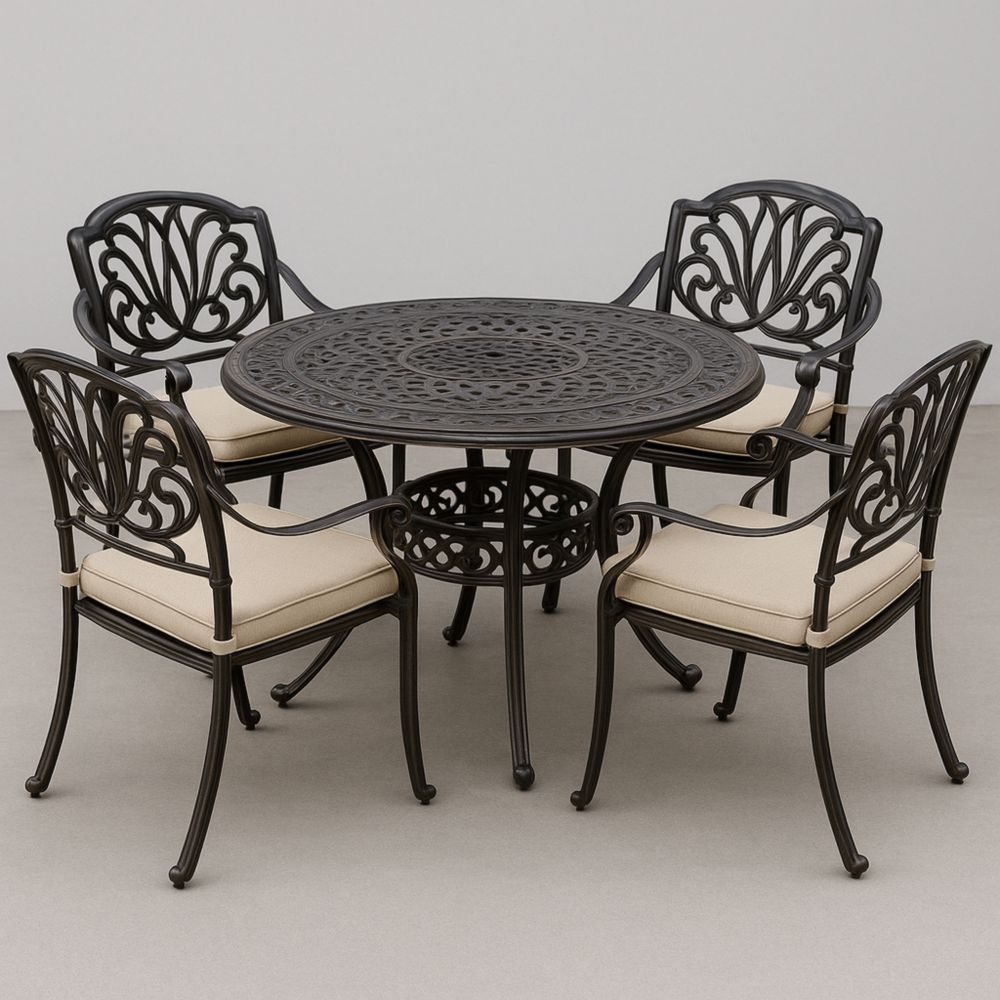 Gartenmöbelset Rund Tisch und Stühle aus Aluminiumguss Schwarz/Beige