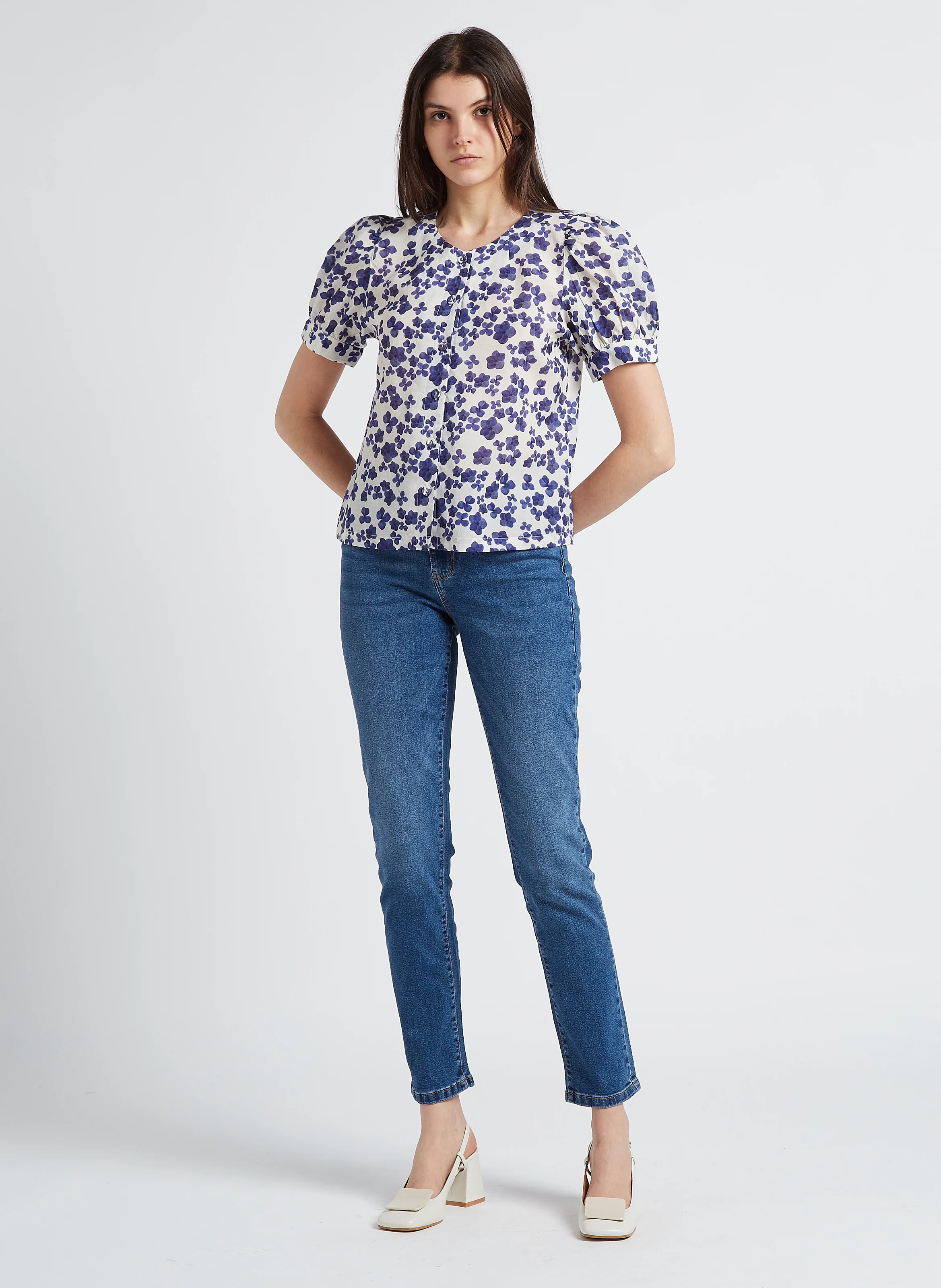 Jean droit taille mi-haute en denim de coton| Bleu
