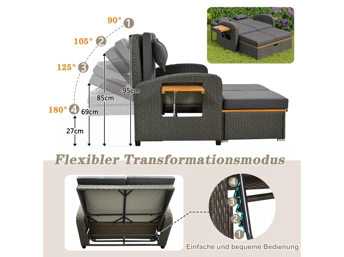 Ensemble de chaises de jardin doubles, lit d'extérieur avec coussin de dossier et coussin d'assise