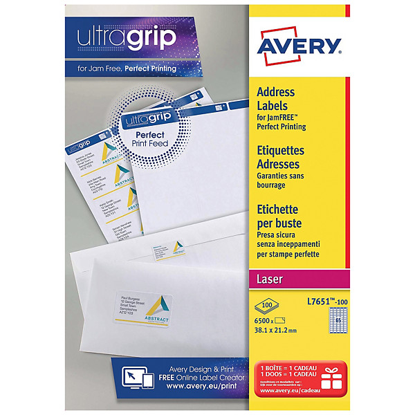 Boite de 6500 étiquettes laser  blanches L7651 format 38,1 x 21,2 mm Avery