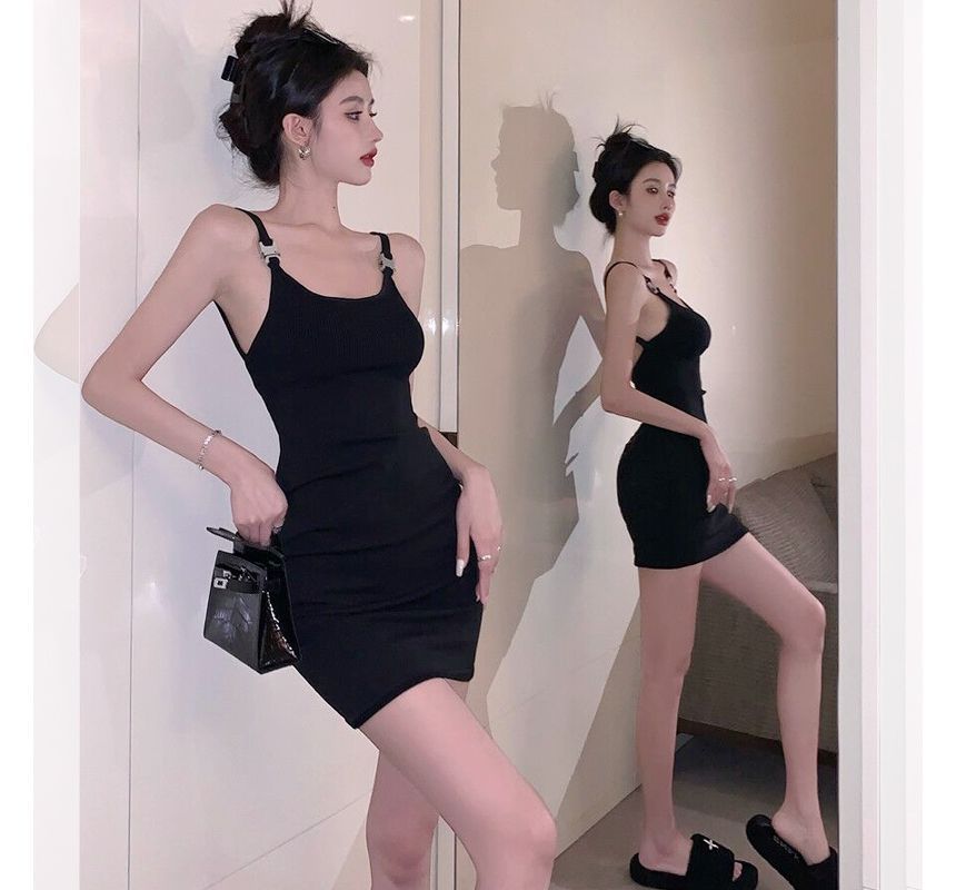 CosmoCorner - Spaghettibandjes, effen, open rug, mini-bodycon gebreide jurk