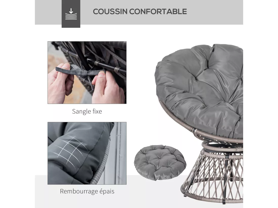 Fauteuil rond de jardin fauteuil papasan pivotant grand confort Ø 97 x 86H cm grand coussin fourni polyester résine tressée gris