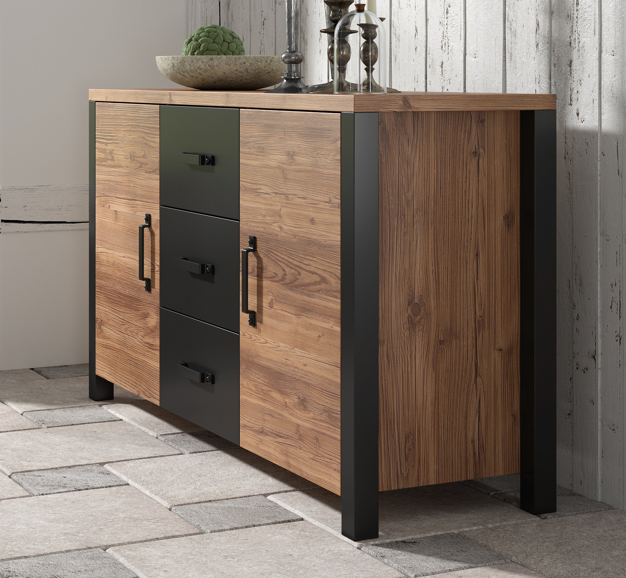 Olivia - Dressoir - Zwart/eiken - 147x43x79 cm